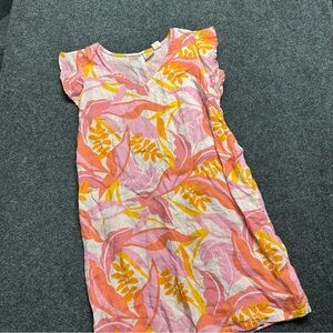 100% Linen Pink Orange Leaf Mini Sheath Dress Tropical Beach Vacation Boho